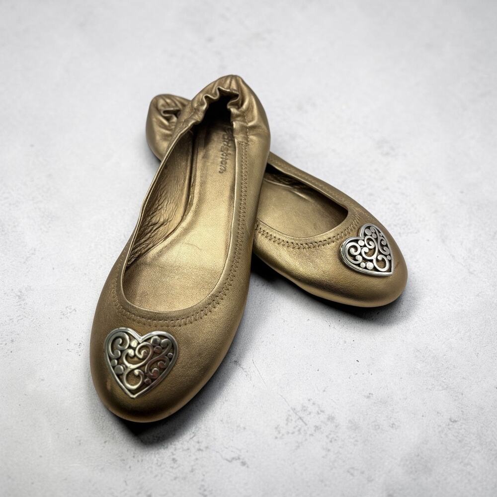 Brighton Heart Metallic Ballet Flats Gold Leather Silver Heart Medallion 8.5B